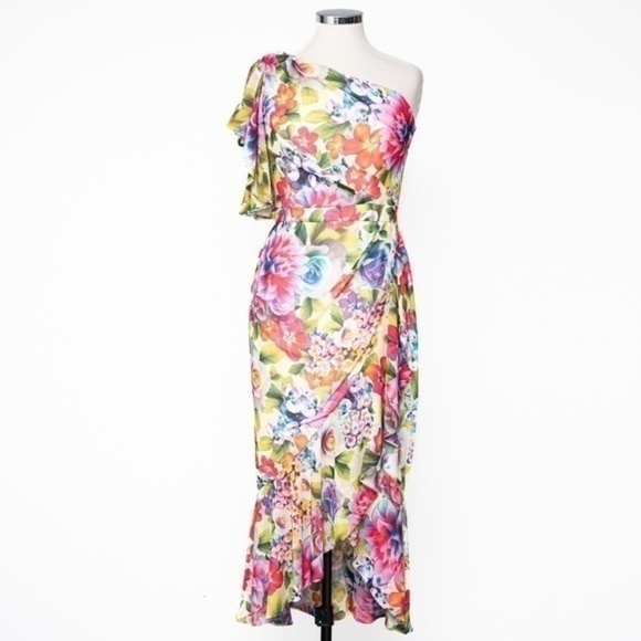 Betsy & Adam. Chiffon Floral Print One Shoulder Midi Dress. - Picture 1 of 15